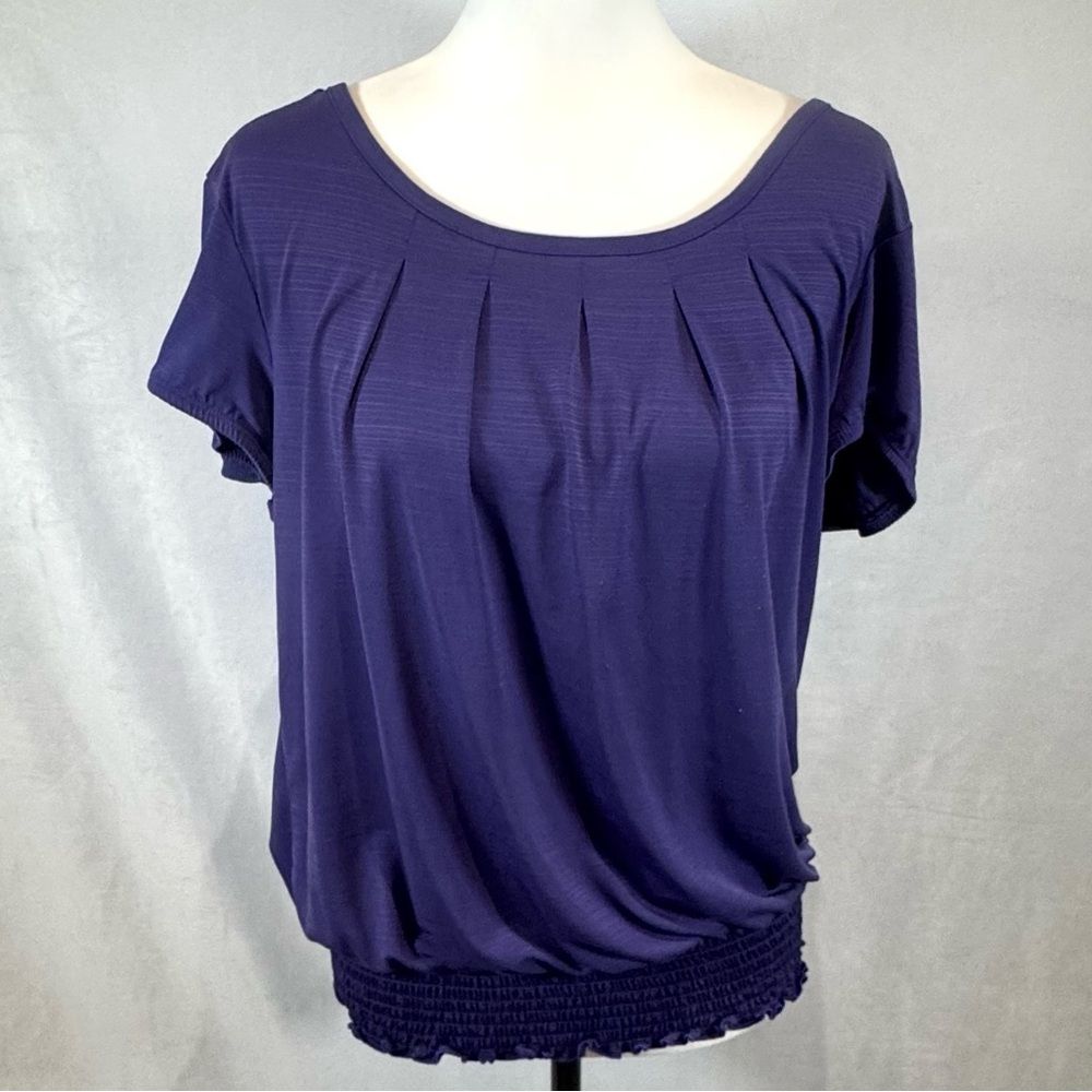 Ab Studio Plum Purple Twisted Open Back Smocked Blouson Top Size Large — image 2 of 7